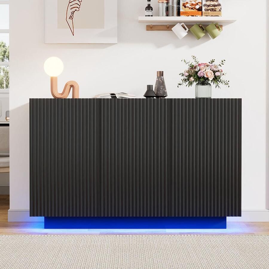 Pugsdrly LED-dressoir Modern design buffet met verlichting Zwart marmerlook Slimme kast voor in de woonkamer Bluetooth-bediening Verticale strepen Buffet 120 cm Opbergkast