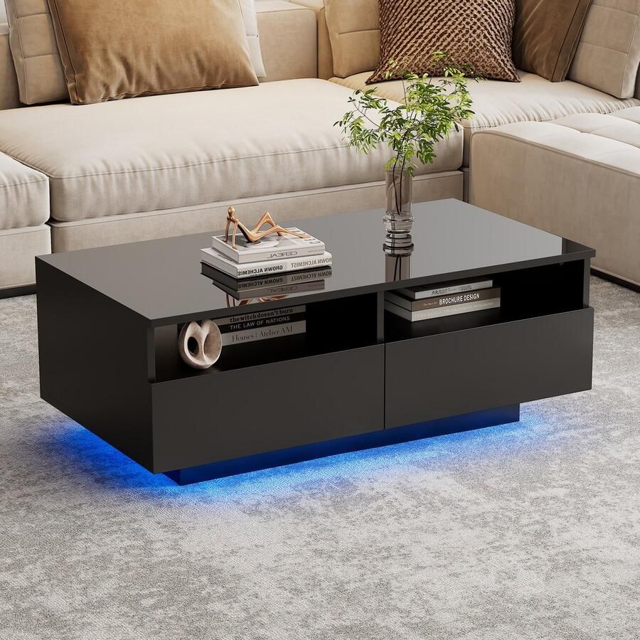 Pugsdrly Led hoogglans salontafel met 2 lades salontafel woonkamertafel moderne salontafel met 16 kleuren ledverlichting voor woonkamer slaapkamer USB
