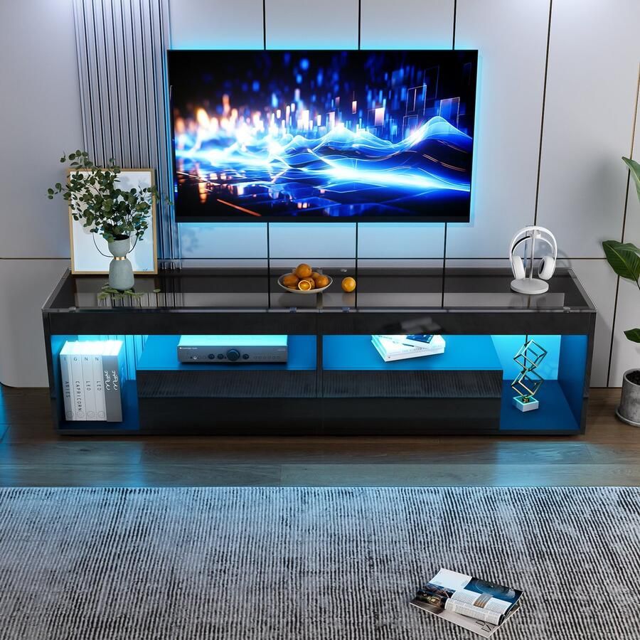 Pugsdrly Hoogglans LED TV-standaard geschikt voor TV's tot 70 zwarte TV-standaard voor woonkamer met 2 lades TV-standaard console voor woonkamer en slaapkamer zwart
