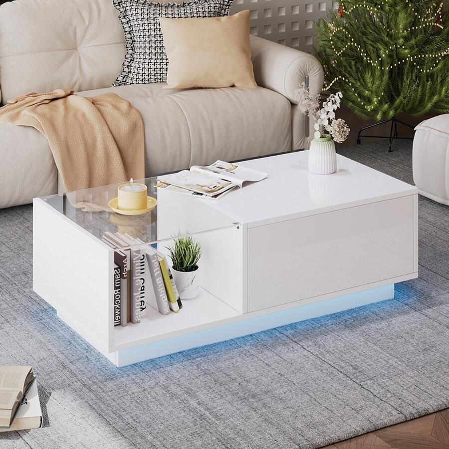 Pugsdrly LED salontafel glanzende salontafel met in hoogte verstelbare salontafel met verborgen opbergruimte en legplank 50 x 100 x (33-46 5) cm