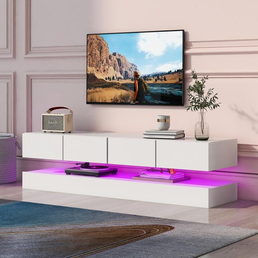 Pugsdrly LED tv-lowboard wandgemonteerde tv-kast tv-standaard tv-meubel met 2 kasten en 4 grote lades 16-kleurige ledverlichting Wandkast voor tv's tot 55 inch Wit 130*33*15 cm