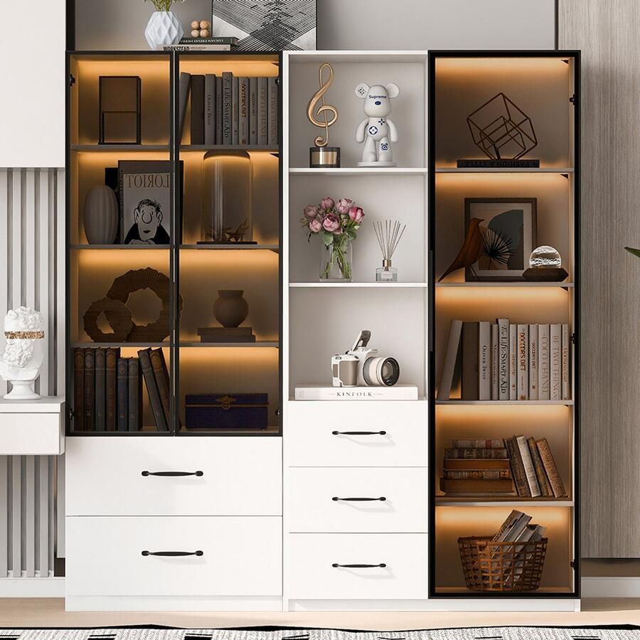 Pugsdrly LED-vitrine 140×40×160 cm – Multifunctionele boekenkast en kast met glazen en open vakken softclose-scharnieren meerkleurige LED-verlichting stofdichte vitrine boekenkast