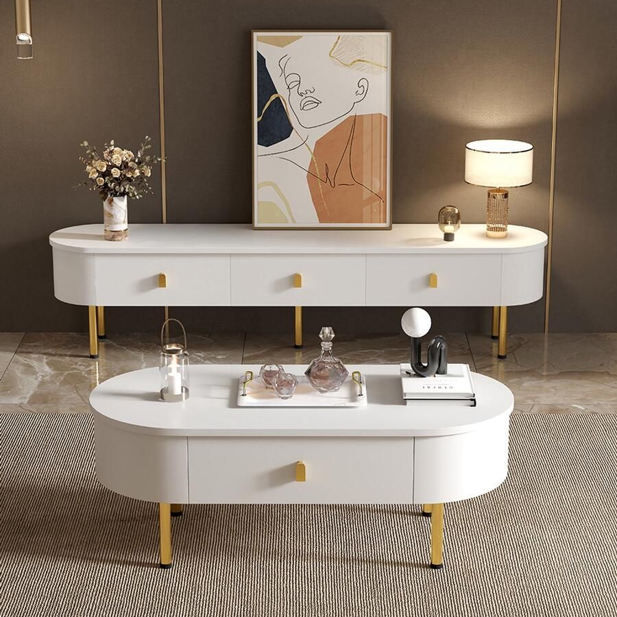 Pugsdrly Lichte en luxe combinatie van tv-meubel en salontafel woonkamerset met lades afgeronde hoeken