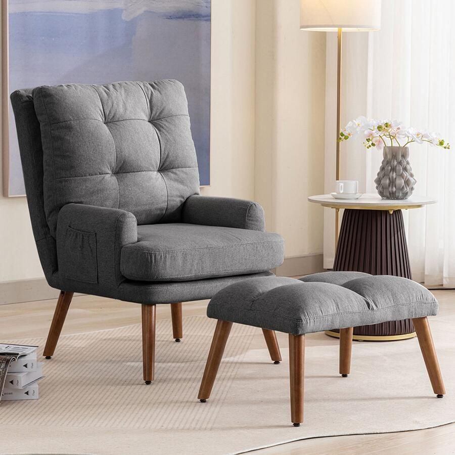 Pugsdrly Loungestoel met voetensteun rugleuning 5-traps verstelbaar kantelbaar stoel met zijdelingse opbergvak