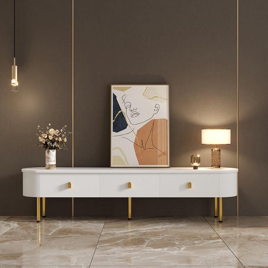 Pugsdrly Lowboard tv-kast met lades gouden handgrepen en poten gebogen hoeken