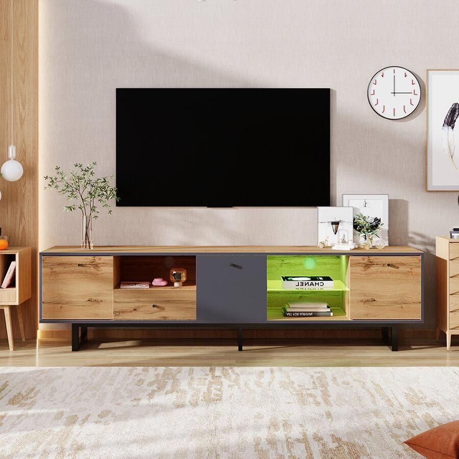 Pugsdrly Lowboard tv-meubel voor in de woonkamer met led-lichteffect glazen scheidingswand bufferscharnier bijpassend design