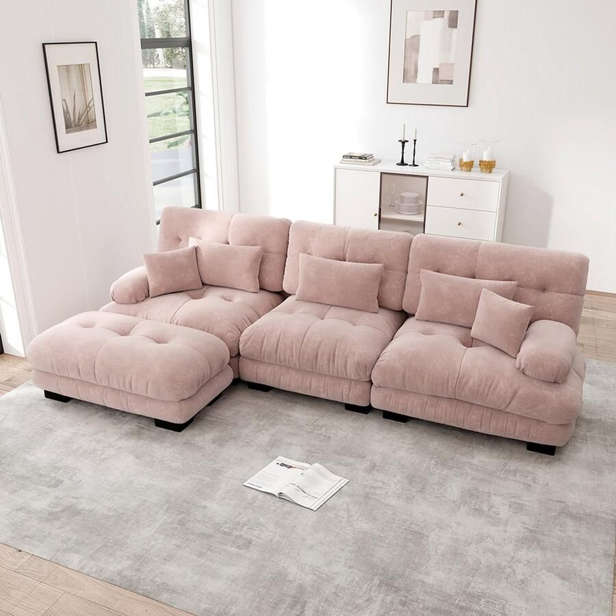 Pugsdrly Luxe modulaire hoekbank Oversized Cloud-bank in L-vorm voor woonkamer diepe slaapbank met poef corduroy roze chenille