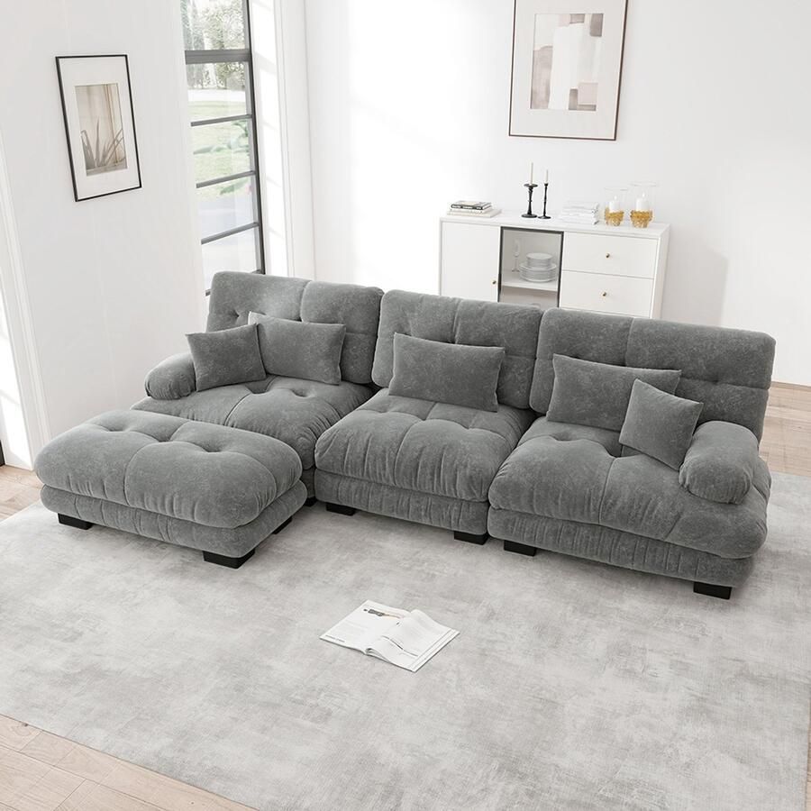 Pugsdrly Luxe modulaire hoekbank Oversized Cloud-bank in L-vorm voor woonkamer diepe slaapbank met poef corduroy grijze chenille