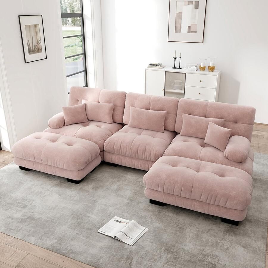 Pugsdrly Luxe modulaire hoekbank Oversized U-vormige Cloud-bank voor woonkamer diepe slaapbank met voetenbank roze chenille
