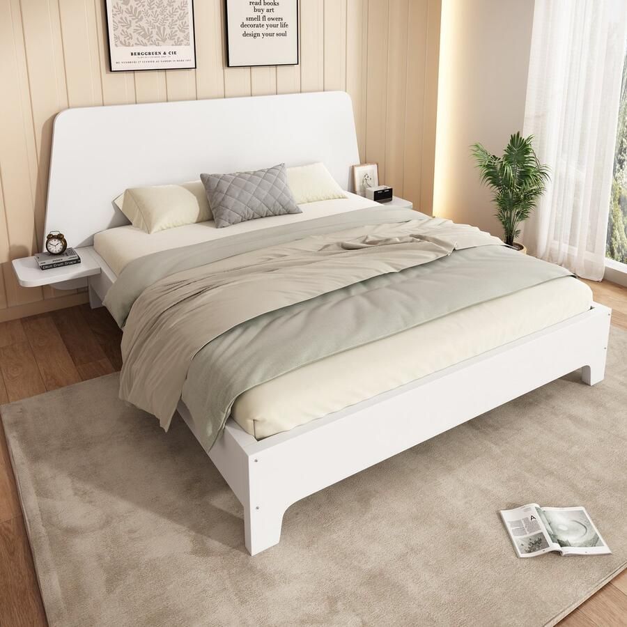 Pugsdrly Massief houten bed 160x200cm tweepersoonsbed Bedframe met opbergruimte in het hoofdeinde en lattenbodem wit hoogwaardig materiaal eenvoudig te monteren stabiel en duurzaam (zonder matras)