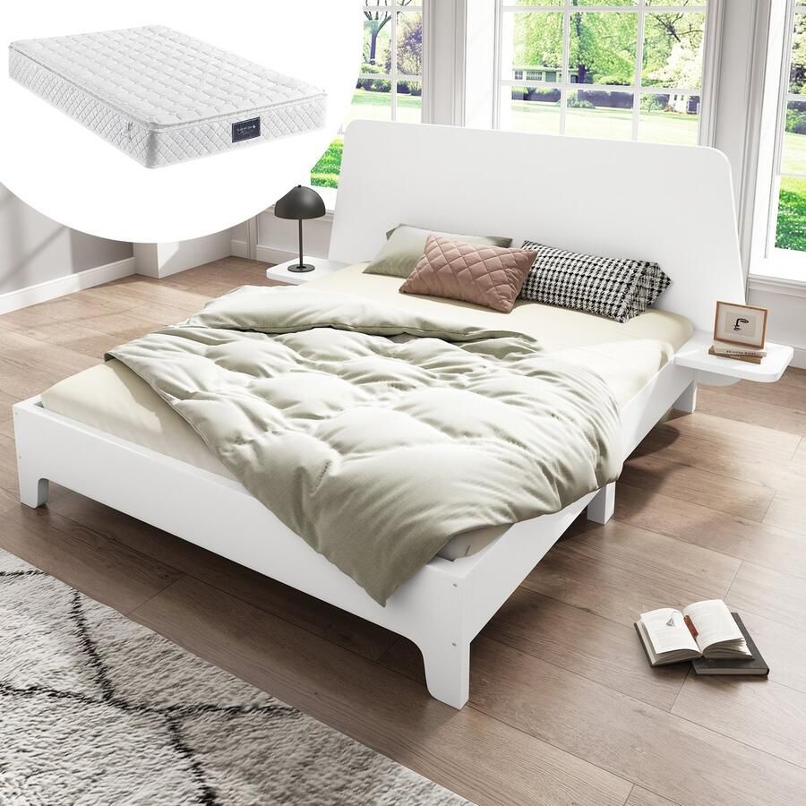 Pugsdrly Massief houten bed 160x200cm tweepersoonsbed Bedframe met opbergruimte in het hoofdeinde en lattenbodem wit hoogwaardig materiaal eenvoudig te monteren stabiel en duurzaam (met matras)