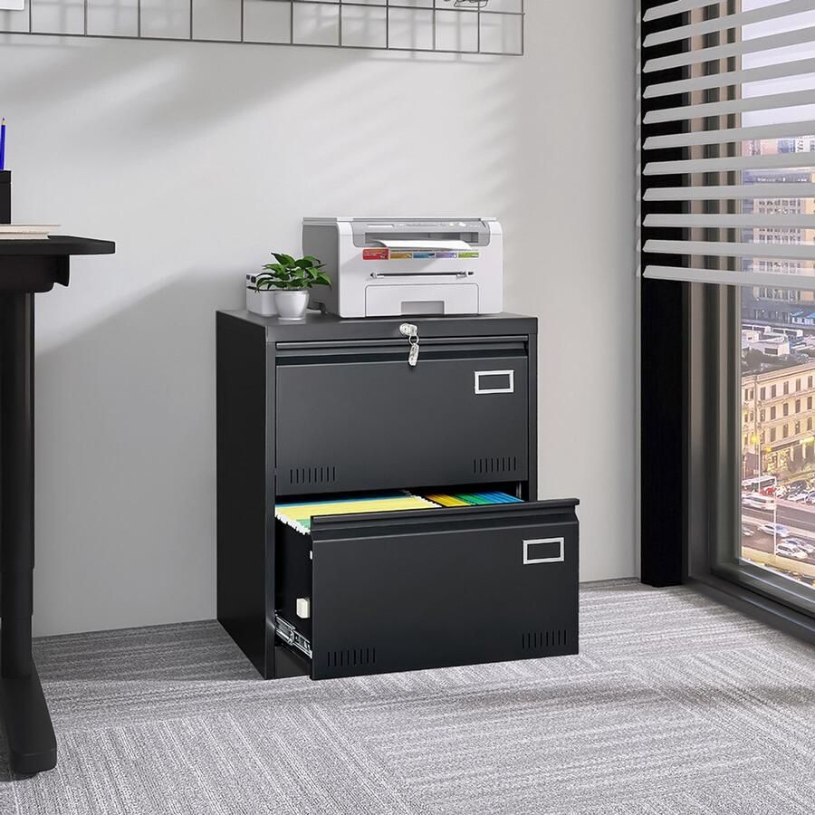 Pugsdrly Metalen archiefkast met 2 laden en slot verticale archiefkast voor thuiskantoor juridische dossiers brieven A4 afsluitbare metalen archiefkast montage nodig (zwart met 2 laden)