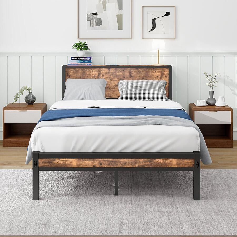 Pugsdrly Metalen bedframe 120x200 cm met hoofdeinde en opbergruimte eenvoudig metalen platformbed geruisloos metalen onderstel zonder gestoffeerde bodemplaat vintage bruin