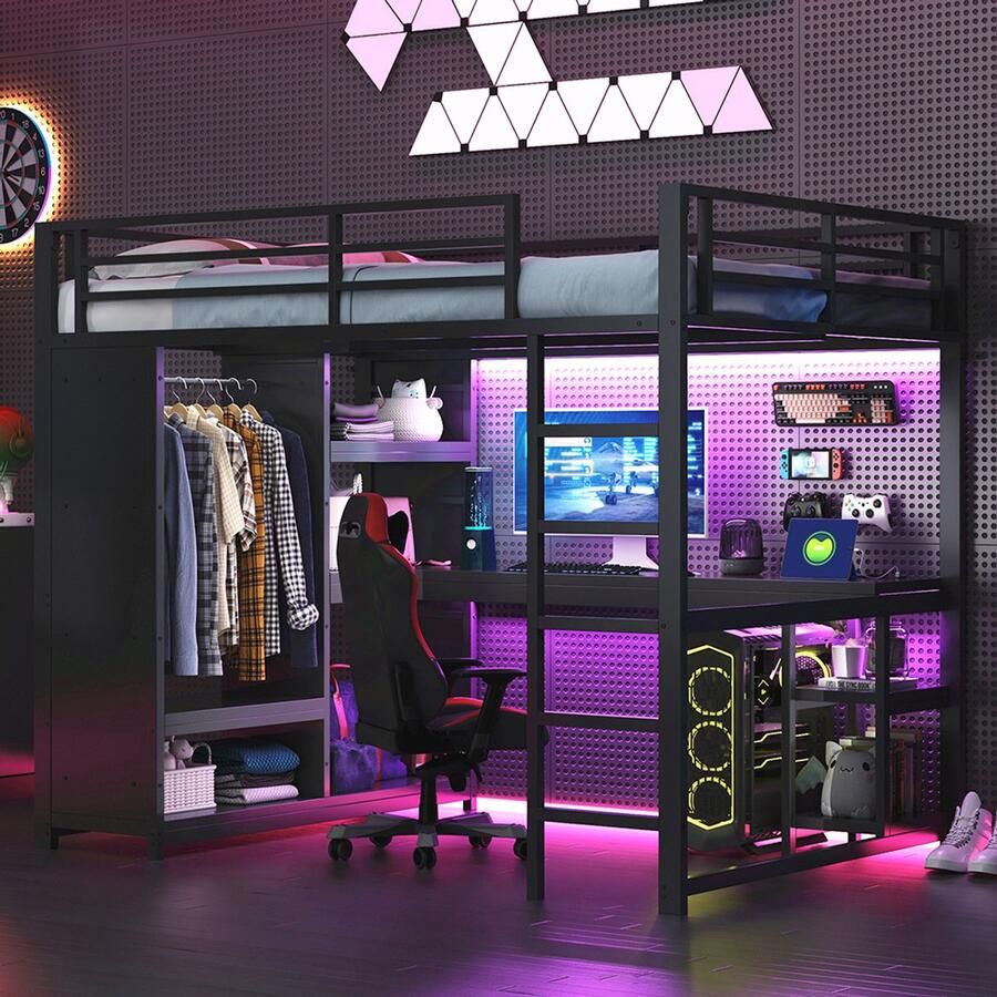 Pugsdrly Metalen gaming stapelbed 140x200 met ledverlichting bureau open kledingkast en opbergvakken zwart