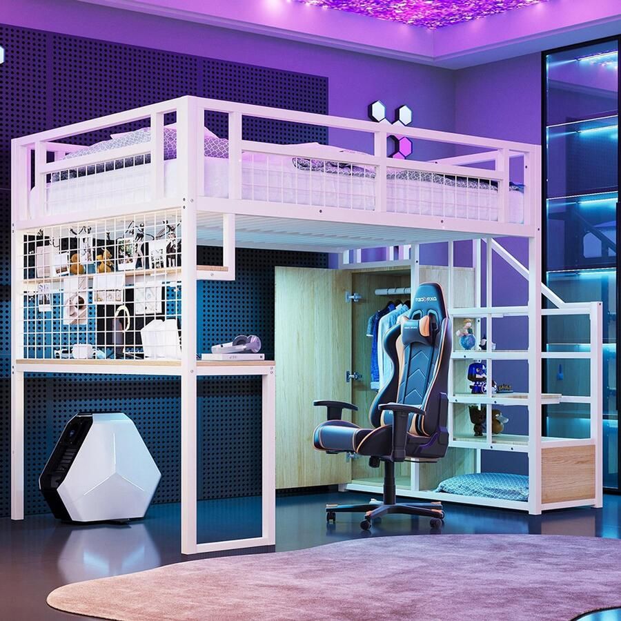 Pugsdrly Metalen hoogslaper 140 x 200 cm Met opbergladder en eenvoudige kast met plank tafel en netplank. Stabiel metalen frame hoogslaper wit