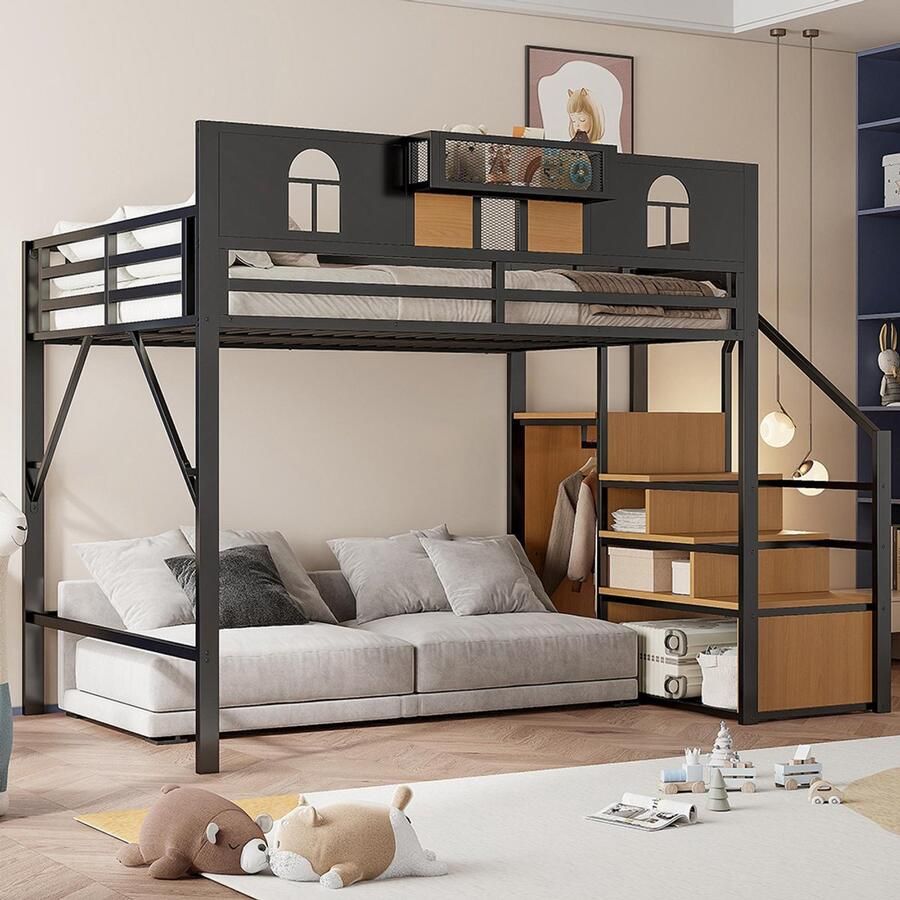 Pugsdrly Metalen hoogslaper 140 x 200 cm met opbergladder raam houten panelen en gaasstof enkele verhoogde barrière opbergruimte naast het bed stabiel metalen frame zwart