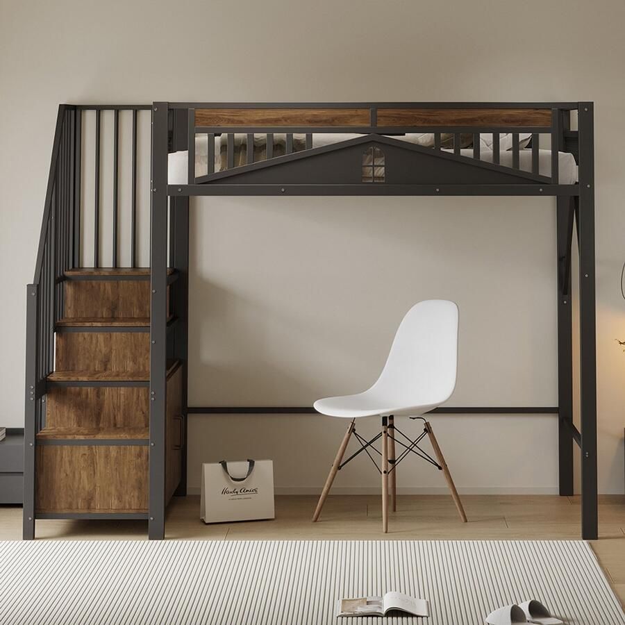 Pugsdrly Metalen hoogslaper 90 x 200 cm unieke veiligheidsbehuizing met raam veiligheidsladder met kastje zwart