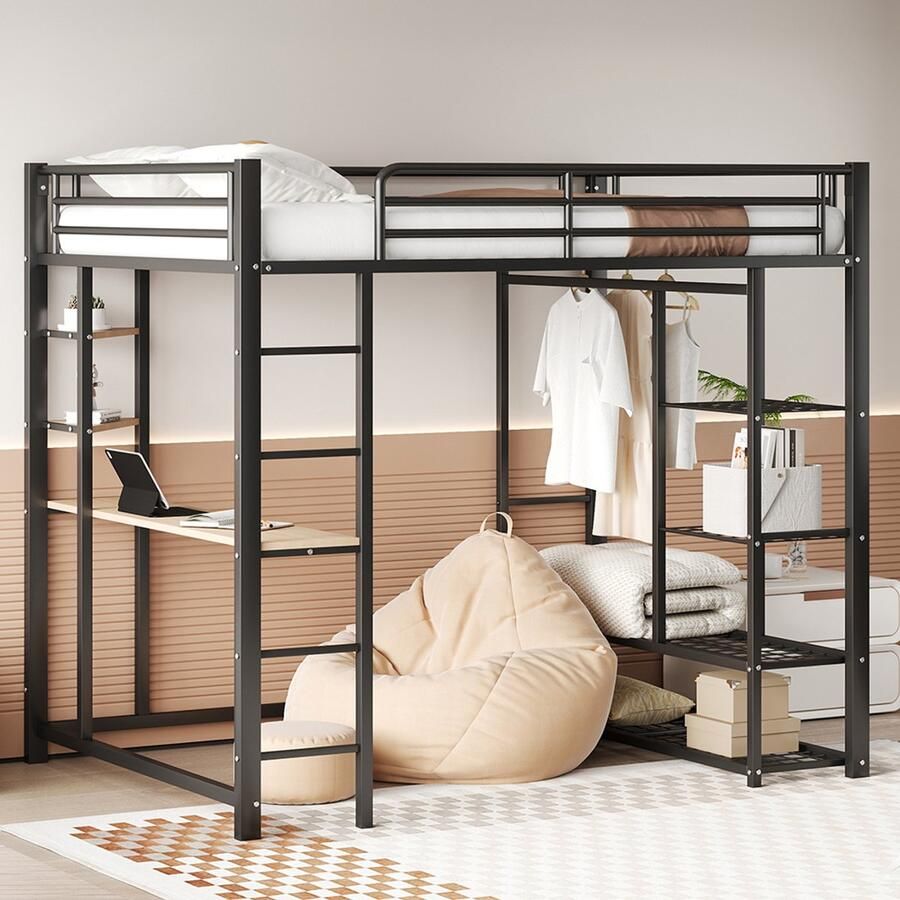 Pugsdrly Metalen hoogslaper met ladder 140*200 cm juniorbed tweepersoonsbed met tafel met eenvoudige kledinghangers met opbergvakken zwart - Foto 2