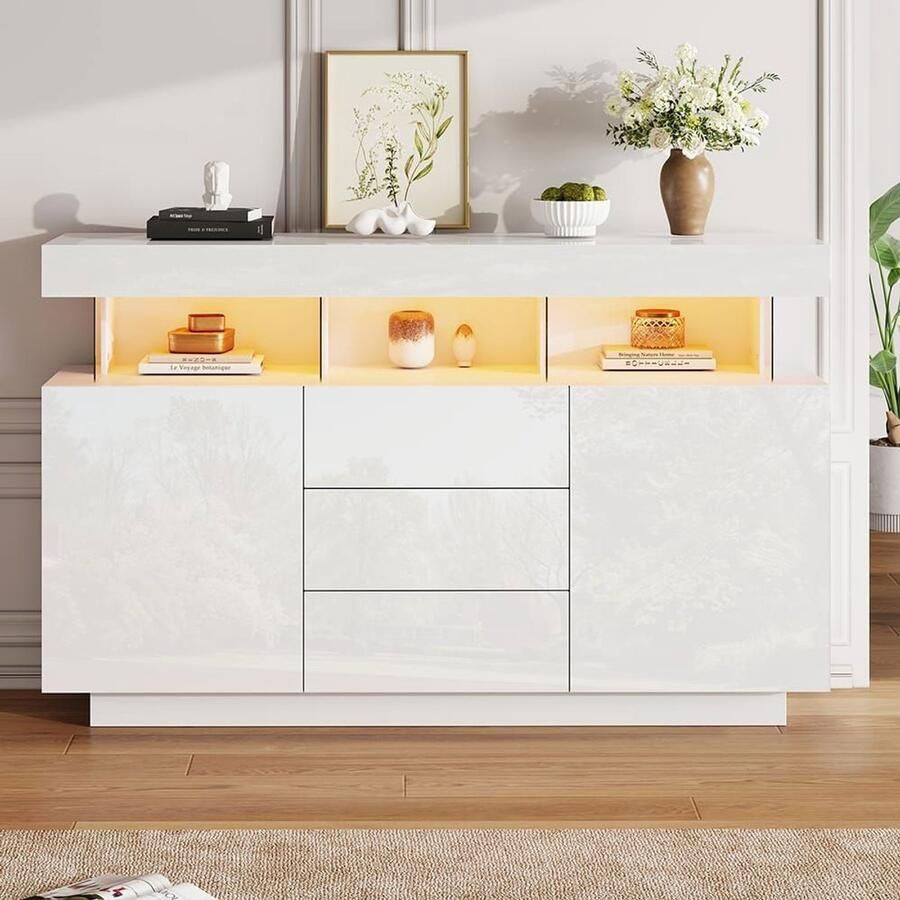 Pugsdrly Modern dressoir 140 x 35 x 80 cm glanzend dressoir koffiebar acryl dressoir met 16-kleuren LED stripverlichting geschikt voor eetkamer keuken hal (wit)