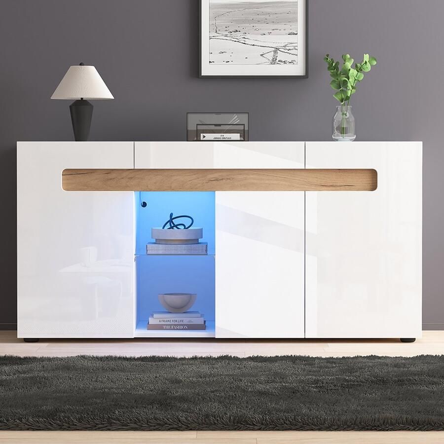 Pugsdrly Moderne dressoir met 3 deuren led-verlichting woonkamermeubel met bediening via app 140x40x70 cm Glanzend wit woonkamermeubel met glazen plank opbergkast
