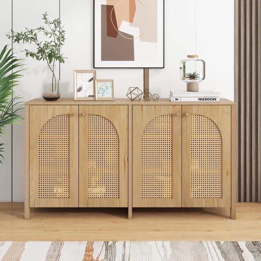 Pugsdrly Modern dressoir in minimalistische stijl met 4 rotan deuren metalen handgrepen eenvoudige buffetkast voor eetkamer woonkamer keuken (natuurlijk hout)