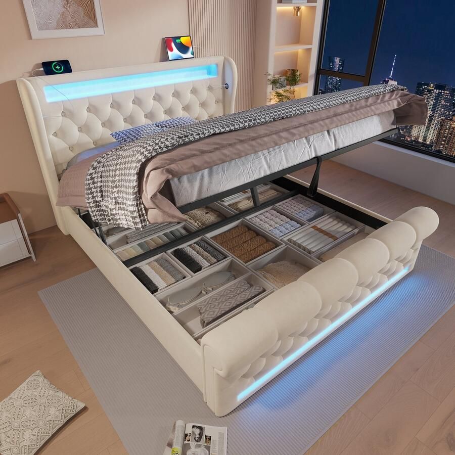 Pugsdrly Modern gestoffeerd tweepersoonsbed 140 x 200 cm gestoffeerd bed met ledverlichting hoofdeinde met opbergruimte en USB- en Type-C-poorten bed met hydraulische opbergruimte beige fluweel (zonder matras)