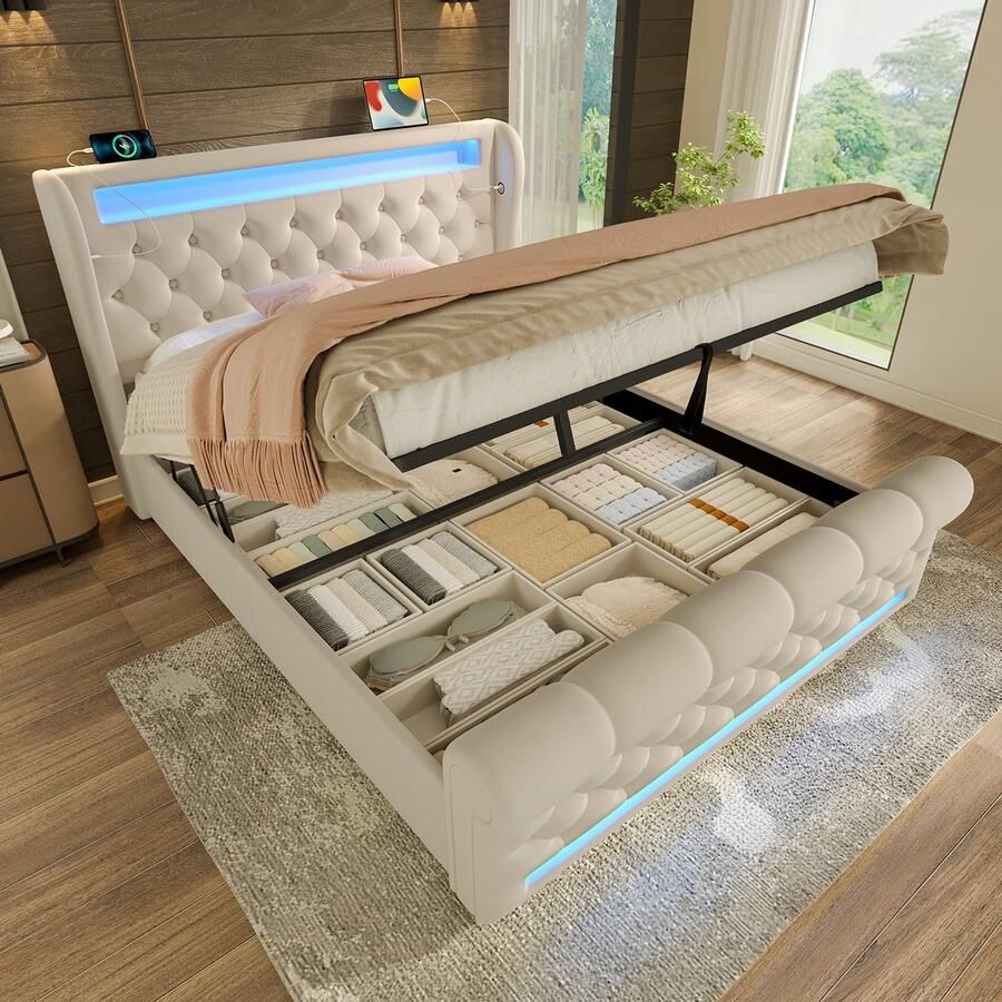 Pugsdrly Modern gestoffeerd tweepersoonsbed 160 x 200 cm gestoffeerd bed met led-verlichting hoofdeinde met opbergruimte en USB- en Type-C-poorten bed met hydraulische opbergruimte beige fluweel (zonder matras)