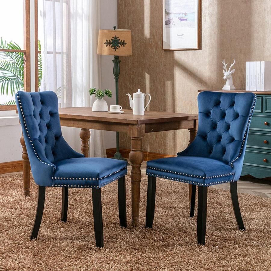 Pugsdrly Modern hoogwaardige eigentijdse eetkamerstoel met fluweelbekleding houten poten en spijkerstof set van 2 blauw DE2001BL