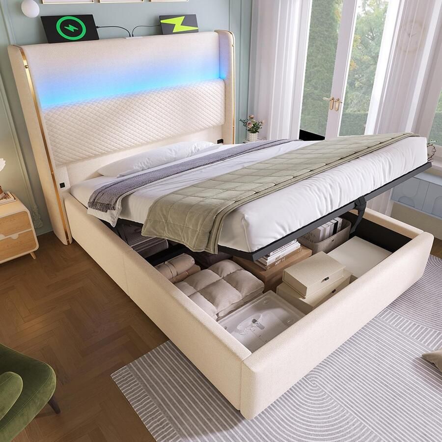 Pugsdrly Modern hydraulisch bed met hoog hoofdeinde eenpersoonsbed 90 x 200 cm met ledverlichting opbergruimte en USB Type-C-poorten beige linnenlook (zonder matras)