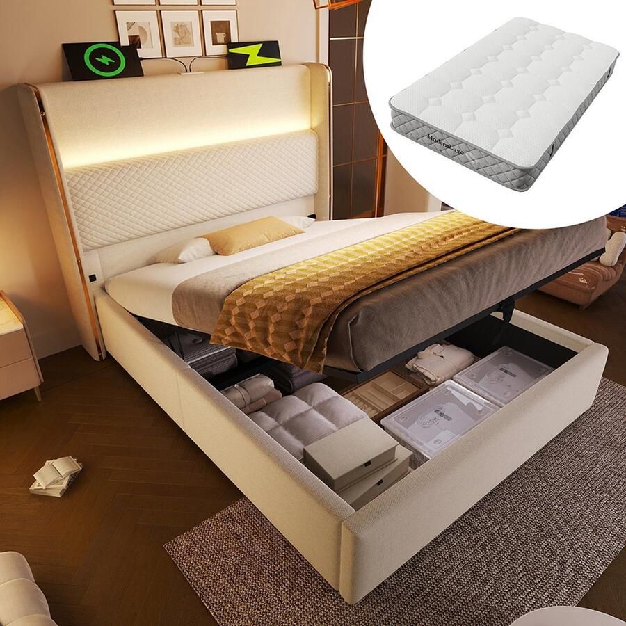 Pugsdrly Modern hydraulisch bed met hoog hoofdeinde eenpersoonsbed 90 x 200 cm met ledverlichting opbergruimte en USB Type-C-poorten beige linnenlook (met matras)