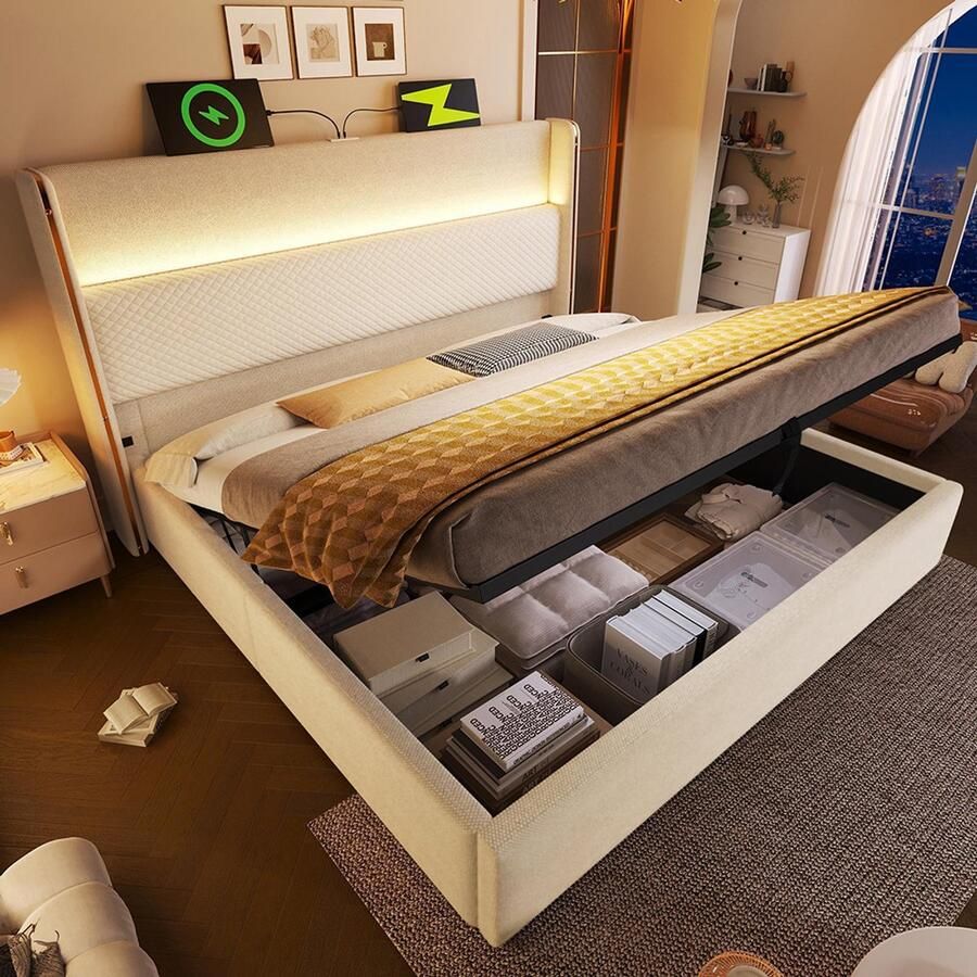 Pugsdrly Modern hydraulisch bed met hoog hoofdeinde tweepersoonsbed 140 x 200 cm met ledverlichting opbergruimte en USB Type-C-poorten beige linnenlook (zonder matras)
