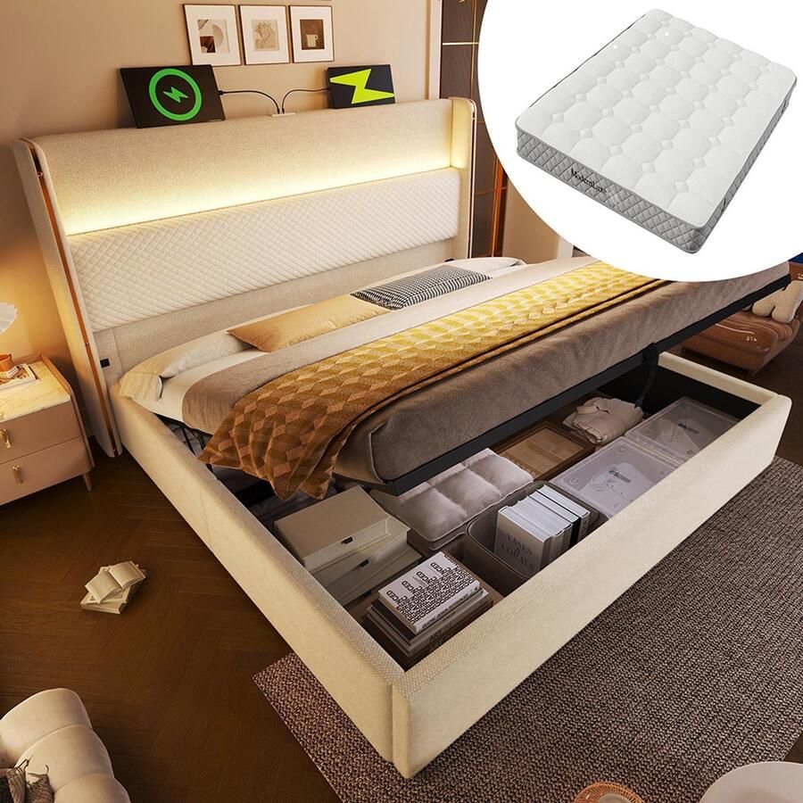Pugsdrly Modern hydraulisch bed met hoog hoofdeinde tweepersoonsbed 160 x 200 cm met ledverlichting opbergruimte en USB Type-C-poorten beige linnenlook (met matras)