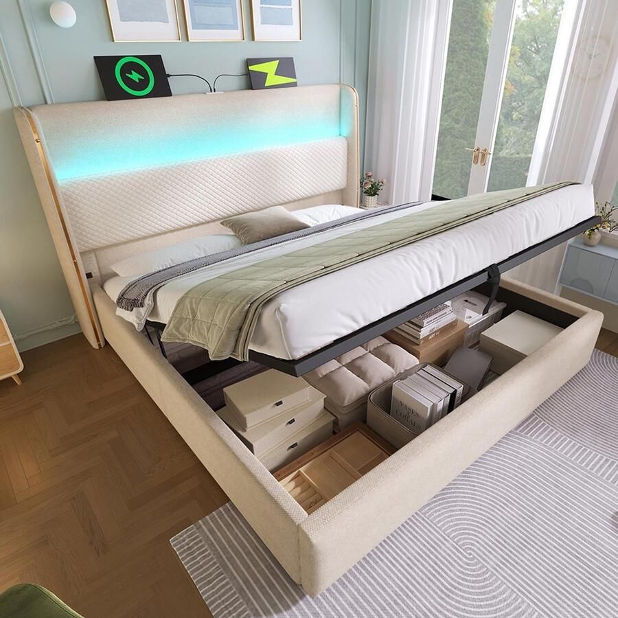 Pugsdrly Modern hydraulisch bed met hoog hoofdeinde tweepersoonsbed 180 x 200 cm met ledverlichting opbergruimte en USB Type-C-poorten beige linnenlook (zonder matras)