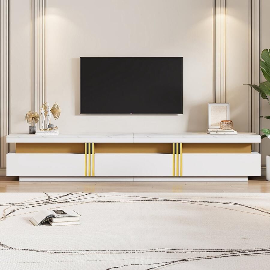 Pugsdrly Modern laag tv-meubel met marmerlook tv-blad tv-ladekast 200 x 40 x 42 cm – Voor tv's tot 90 inch drie laden en 1 kabelbeheersysteem