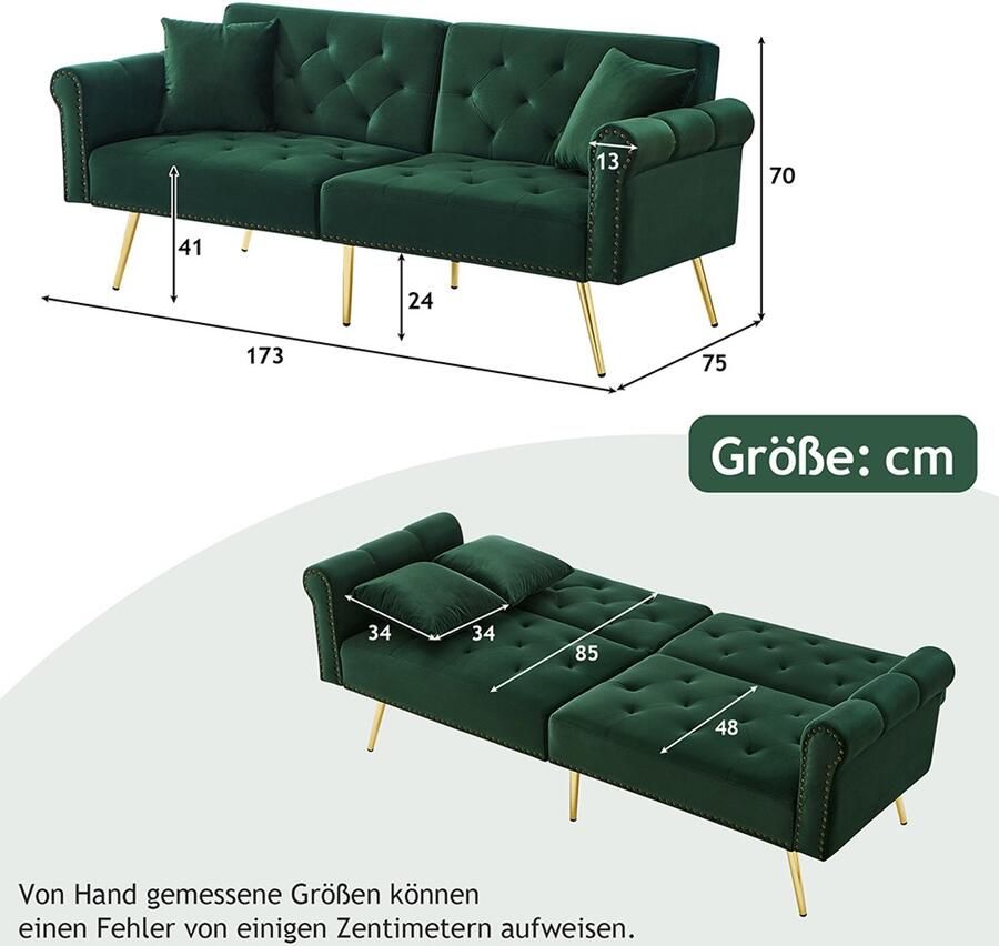 Pugsdrly Moderne 2-zits slaapbank fluwelen bekleding in 3 standen verstelbare rugleuning en goudkleurige metalen pootjes Elegante bank met slaapfunctie ruimtebesparend slijtvast ideaal voor kleine kamers