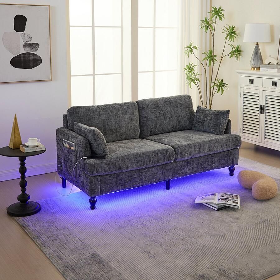 Pugsdrly Moderne 2-zitsbank in chenille met houten poten ledverlichting USB-poort en opbergtas Woonkamer-slaapkamer-kantoor