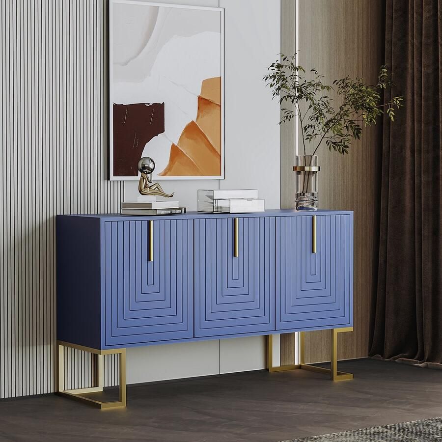 Pugsdrly Moderne 3 deurs dressoir met Verstelbare Planken U vormige Kastdeuren Metalen Handgrepen Sokkel Kleur Marineblauw Geschikt voor Eetkamer en Keuken