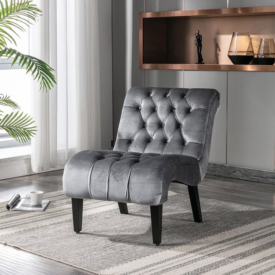 Pugsdrly Moderne accentfauteuil in fluweel zonder armleuningen fauteuil comfortabele fauteuil gestoffeerd met knopen en houten poten voor slaapkamer woonkamer kantoor (zilvergrijs)