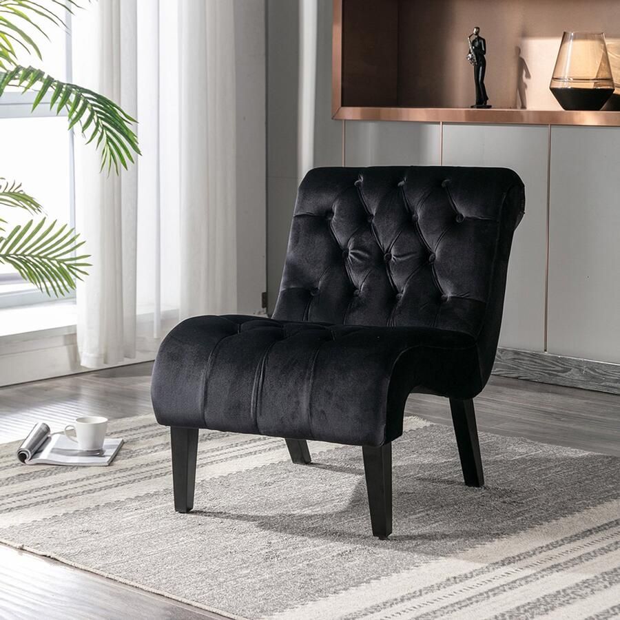 Pugsdrly Moderne accentfauteuil in fluweel zonder armleuningen fauteuil comfortabele gestoffeerde fauteuil met knopen en houten poten voor slaapkamer woonkamer kantoor (zwart)
