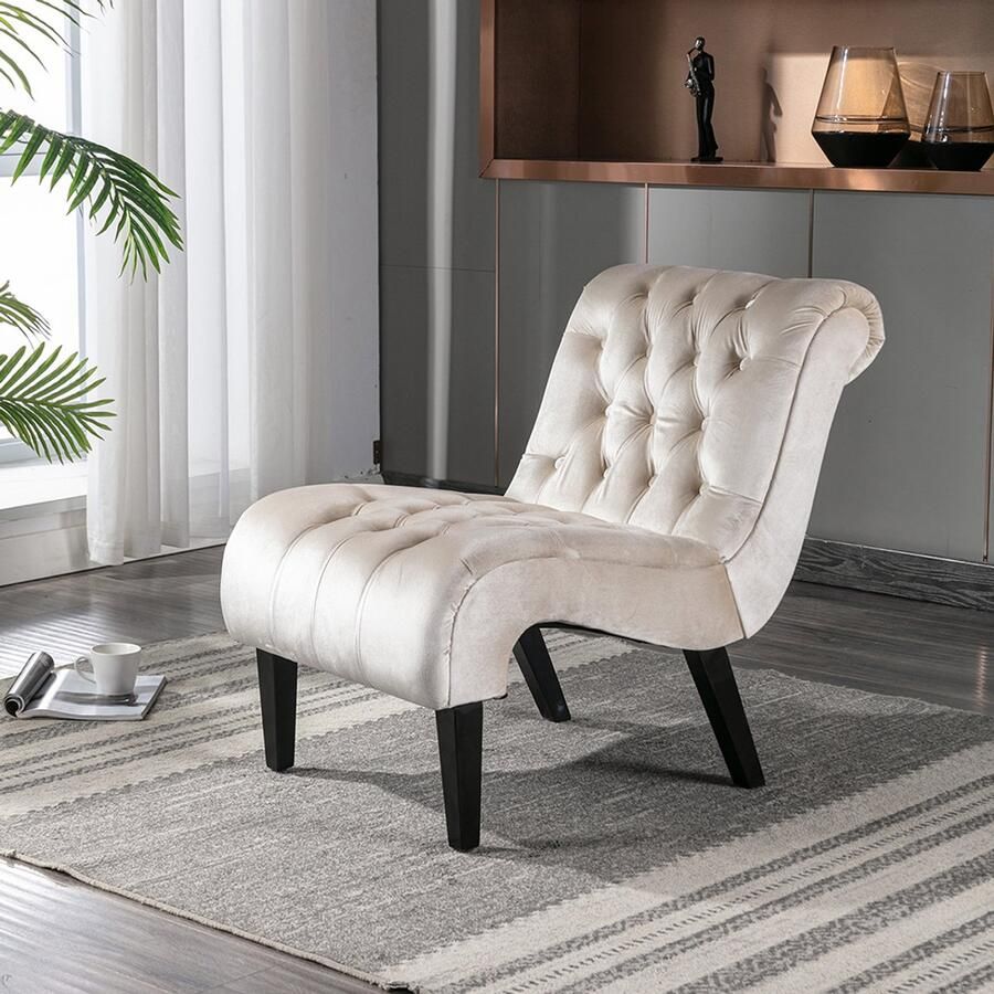 Pugsdrly Moderne bijzetstoel in fluweel zonder armleuningen fauteuil gestoffeerd comfortabel met houten poten voor slaapkamer woonkamer kantoor (beige)