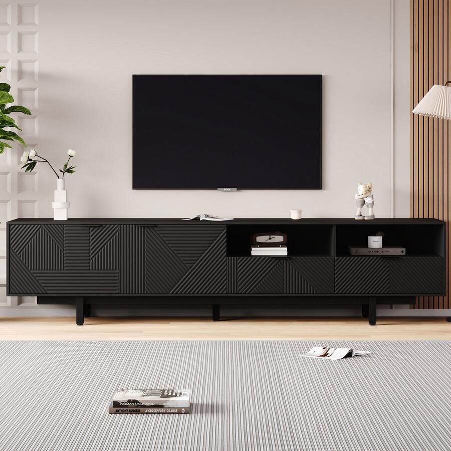 Pugsdrly Moderne Boheemse tv-kast met abstracte zwarte geometrische lijnen Tv-kast met moderne minimalistische kastdeurdecoratie met opbergruimte 200*40*51 cm maximale capaciteit 90 inch tv