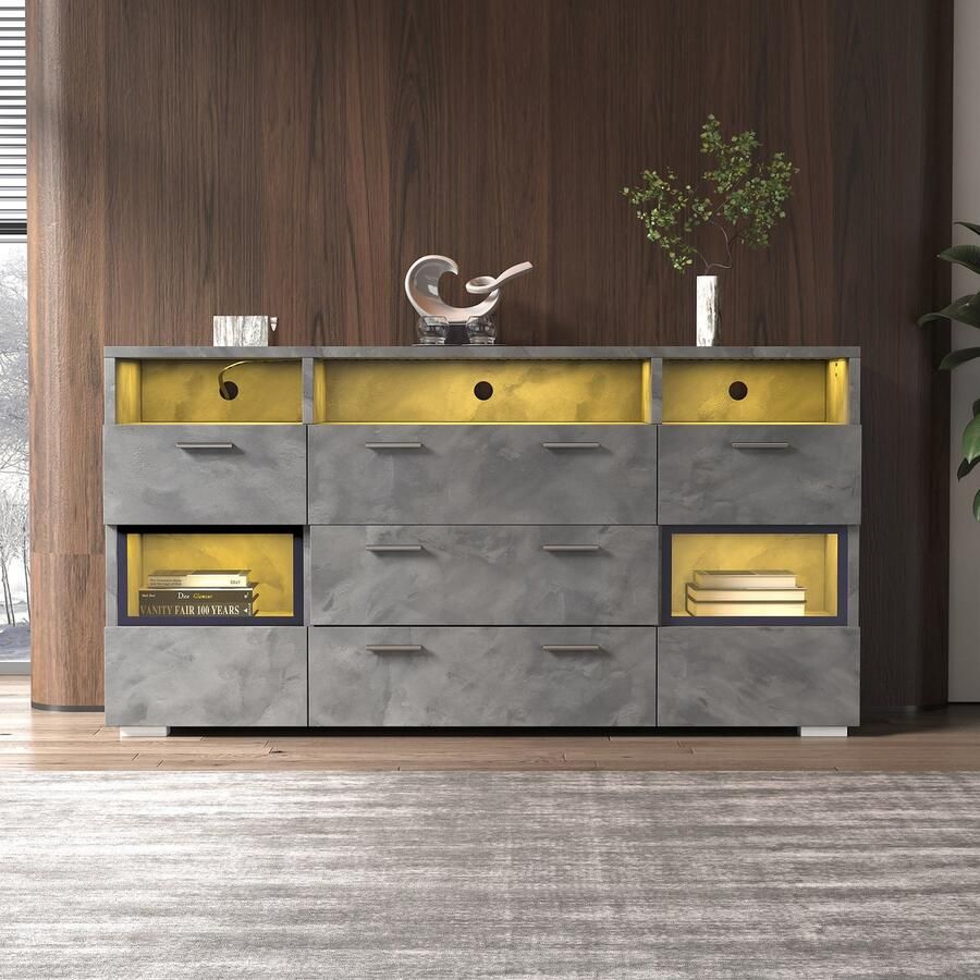 Pugsdrly Moderne dressoir 140 cm grijs met LED-verlichting en transparante acryldeuren 2 deuren 3 lades plus open opbergruimte onderkast opbergkast dressoir hoekkast