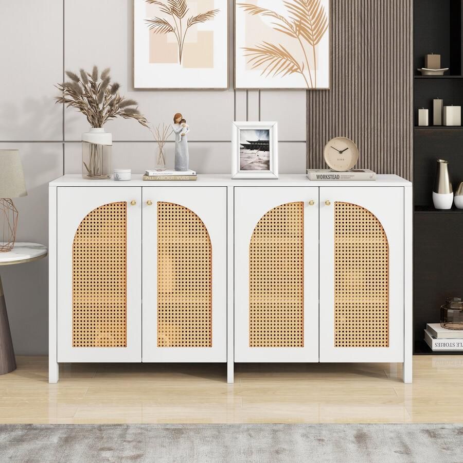 Pugsdrly Moderne dressoir in minimalistische stijl met 4 rotan deuren metalen handgreep eenvoudige buffetkast voor eetkamer woonkamer keuken (wit)