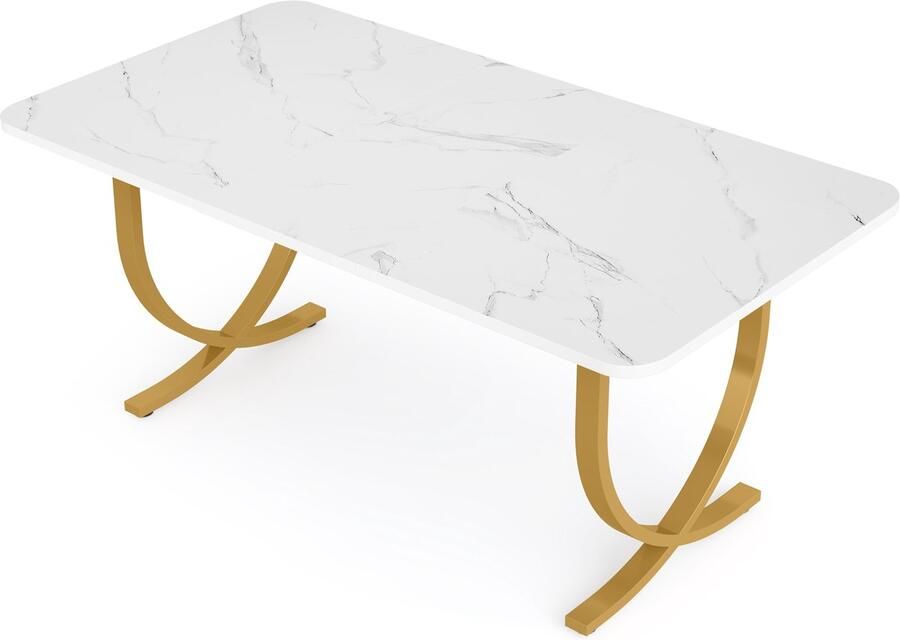 Pugsdrly Moderne eettafel voor 6 personen 160 x 80 x 75 cm salontafel rechthoekig keukentafel eettafel voor eetkamer en keuken woonkamer modern design wit en goudkleurig