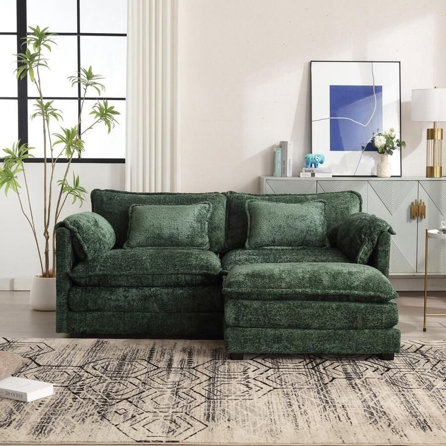 Pugsdrly Moderne en minimalistische 2-zitsbank met voetensteun chenille stof met opbergvakken aan de zijkant en kussens comfortabel en ruim geschikt voor de woonkamer slaapkamer