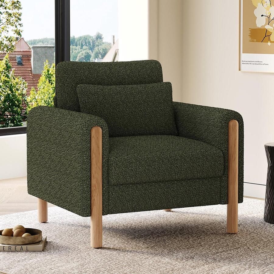 Pugsdrly Moderne fauteuil met armleuningen en dik kussen comfortabele fauteuil met zachte vulling relaxfauteuil voor woonkamer kantoor of slaapkamer comfortabele fauteuil groen