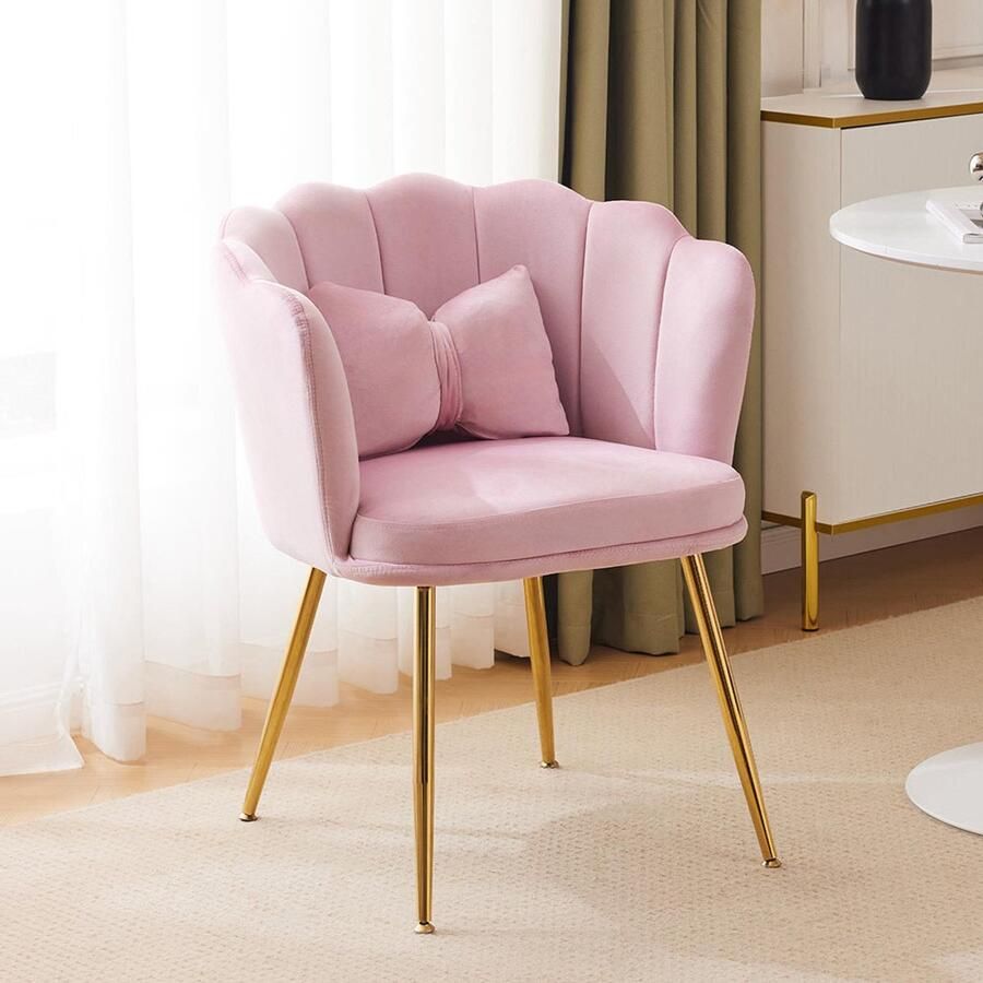 Pugsdrly Moderne fluwelen fauteuil badkuipstoel comfortabele gestoffeerde en decoratieve stoel met bloembladvormige rugleuning en gouden metalen poten en vlinderkussens voor de slaapkamer eetkamer