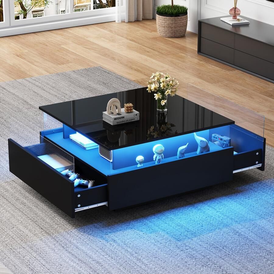 Pugsdrly Moderne hoogglans LED-salontafel 70*70*41 cm met 2 lades en transparant presentatiegedeelte Belastbaar tot 30 kg ideaal voor stijlvolle woonkamers