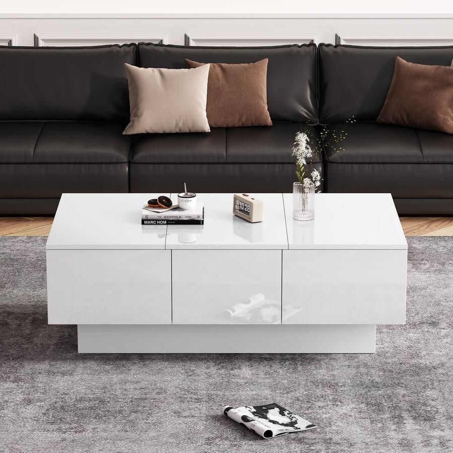 Pugsdrly Moderne hoogglans salontafel 100x55x35 cm wit met schuiffunctie 2 verborgen vakken 2 lades elegant design voor uw woonkamer witte hoogglans salontafel