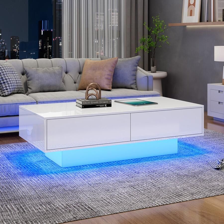 Pugsdrly Moderne hoogglans salontafel in wit 115 x 55 x 34 cm met 2 lades ledverlichting en 30 kg draagvermogen – Elegante salontafel